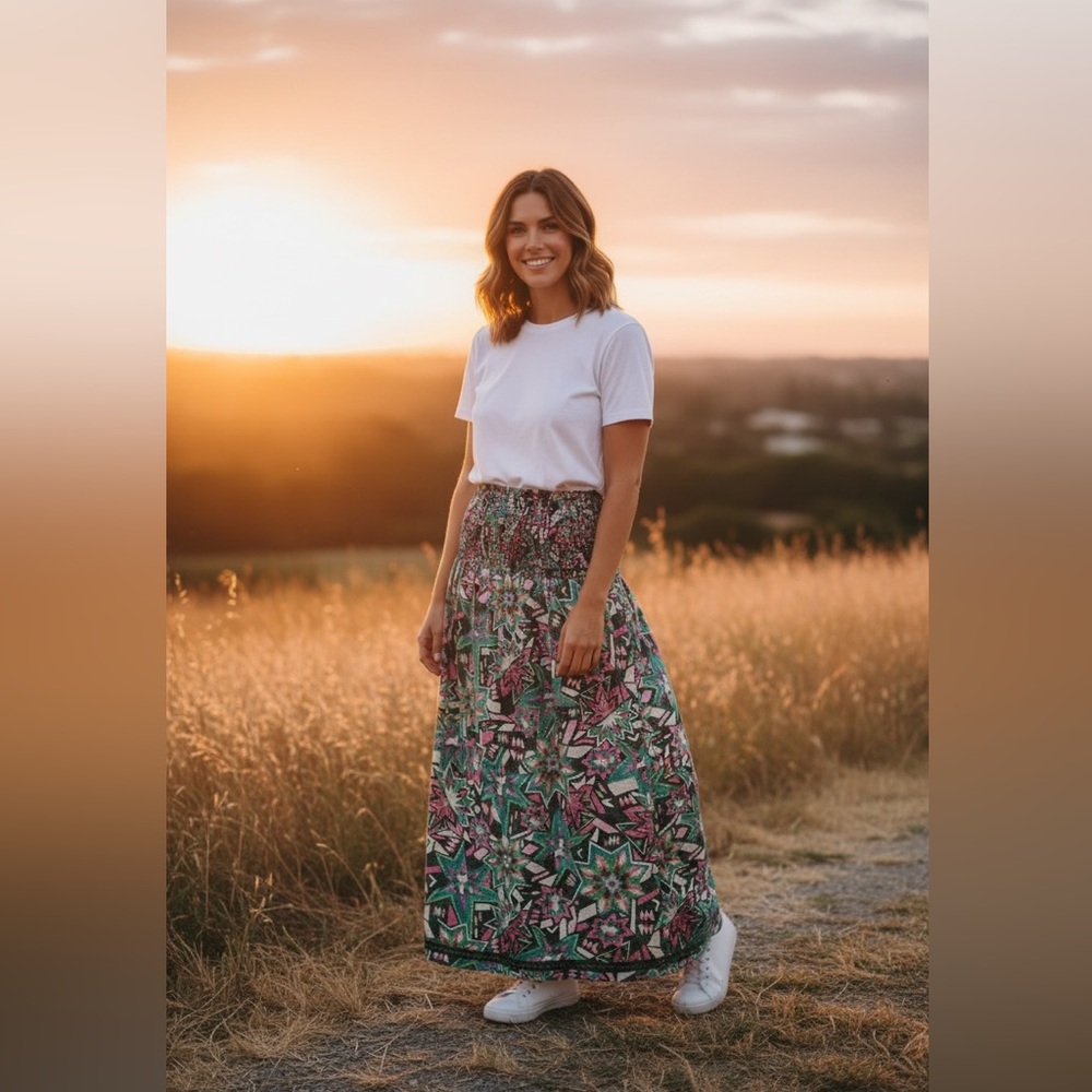 Chufy Vibrant Floral Maxi Skirt - Green and Pink.